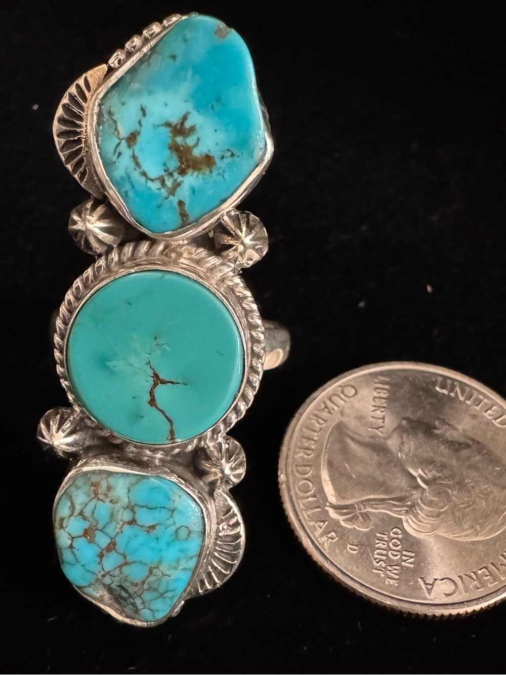Turquoise Triple Stone Sterling Silver Ring - Blue Turquoise - Picture 7 of 8